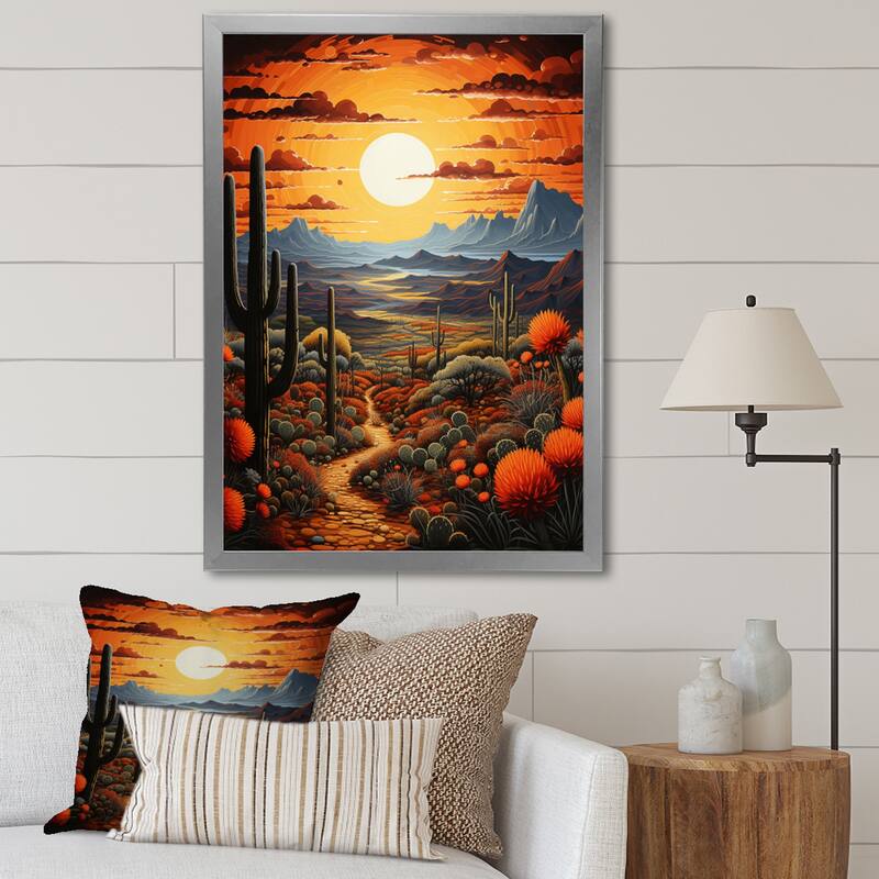 Designart "Yellow Green Cactus Desert Sunset Saguaro" Cactus Framed